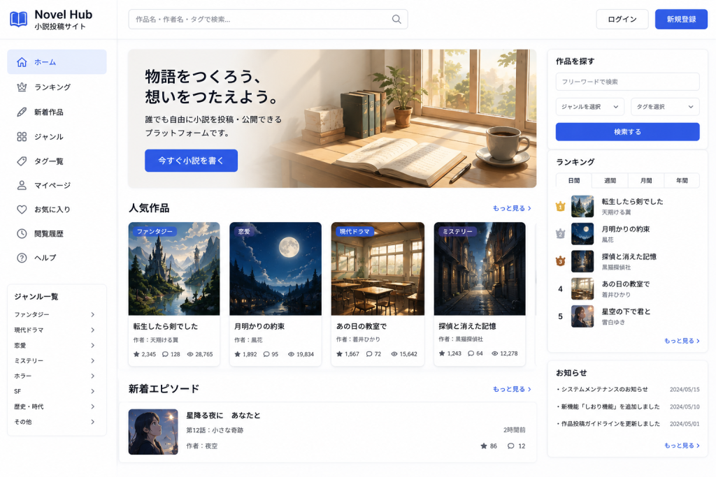 小説投稿サイトの画面